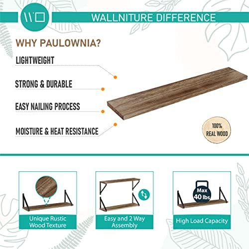 Imagem de Wallniture Bora prateleiras flutuantes, 24 "x6", conjunto de 4, unidade de estante pequena para sala de estar, escritório, quarto, decoração de parede de madeira rústica queimada natural com suporte de prateleira de metal