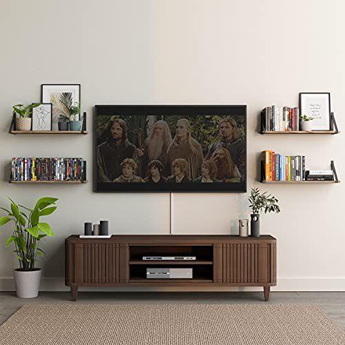 Imagem de Wallniture Bora prateleiras flutuantes, 24 "x6", conjunto de 4, unidade de estante pequena para sala de estar, escritório, quarto, decoração de parede de madeira rústica queimada natural com suporte de prateleira de metal