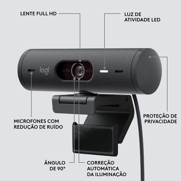 Imagem de Webcam + Suporte Logitech Brio 500 Full HD, 1080p, 30 FPS, com Microfones Duplos, USB, Suporte Incluso, Grafite - 960-001412