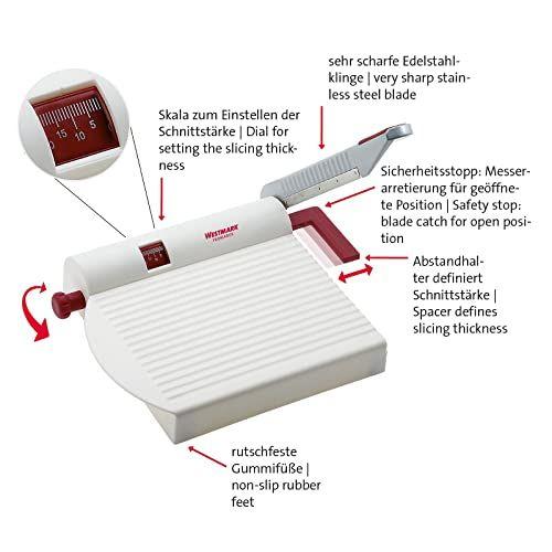 Imagem de Westmark Alemanha Queijo de aço inoxidável multiuso e cortador de alimentos com placa e dial de espessura ajustável (branco) -