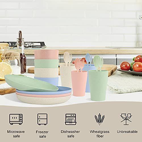 Imagem de Wheat Straw Dinnerware Sets, Homienly Conjunto 20pcs Pratos Taças Copos Talheres Reutilizáveis