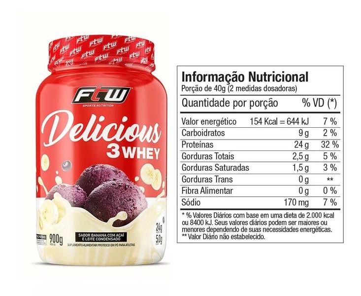 Imagem de Whey Delicious Ftw 900G Banana Com Açaí + Coqueteleira 600Ml