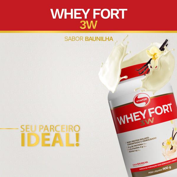 Imagem de Whey Fort 3W - Proteína Isolada, Concentrada e Hidrolisada   Sabor Baunilha  900g  Vitafor