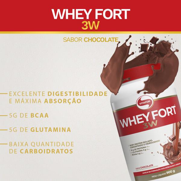 Imagem de Whey Fort 3W - Proteína Isolada, Concentrada e Hidrolisada - Sabor Chocolate - 900g  Vitafor