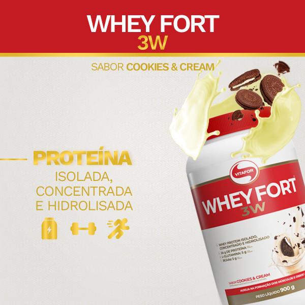 Imagem de Whey Fort 3W - Proteína Isolada, Concentrada e Hidrolisada - Sabor Cookies - 900g  Vitafor