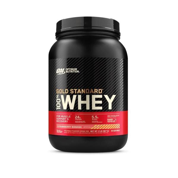Whey Gold Standard Strawberry Banana 907G - On Optimum Imagem de Whey Gold Standard Strawberry Banana 907G - On Optimum