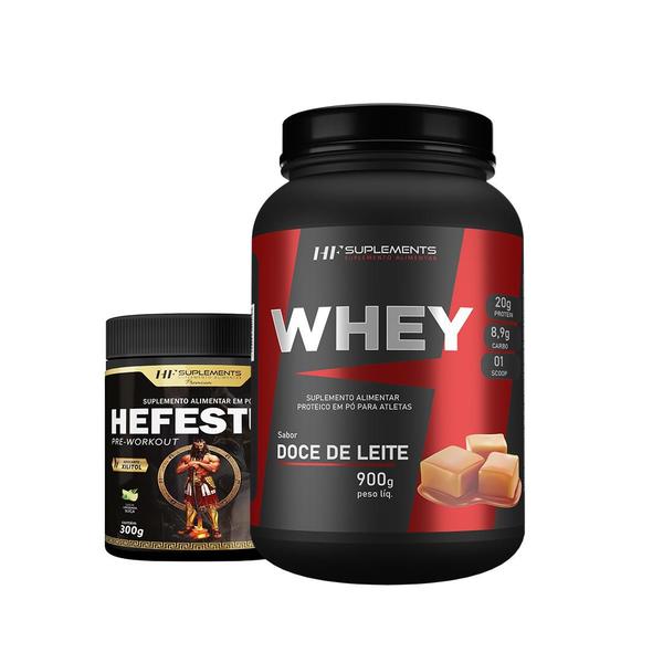 Whey protein doce de leite 900g + pré treino limonada - HF SUPLEMENTS Imagem de Whey protein doce de leite 900g + pré treino limonada