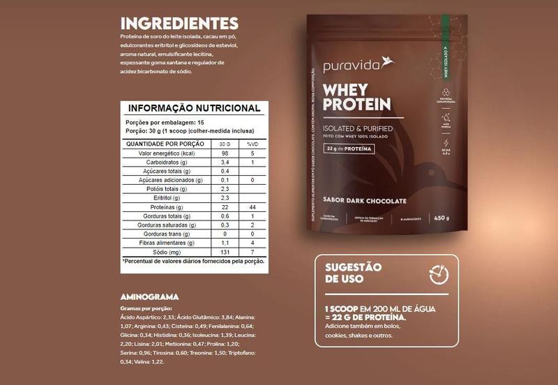 Imagem de Whey Protein Isolado- Dark Chocolate- 450g- PuraVida