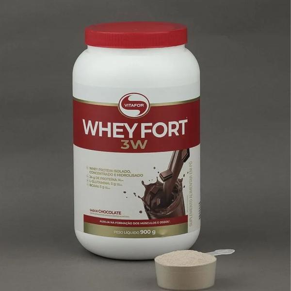 Imagem de Whey Protein Isolado Whey Fort Vitafor Sabor Chocolate Concentrado Hidrolisado 900g L-Glutamina BCAA Suplemento Alimenta