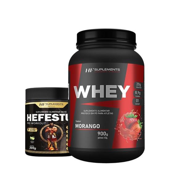 Imagem de Whey Protein Morango 900G + Pré Treino Hefestus Limonada