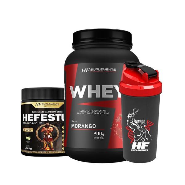 Whey Protein Morango 900G + Pré Treino Limonada + Coq - HF Suplements Imagem de Whey Protein Morango 900G + Pré Treino Limonada + Coq