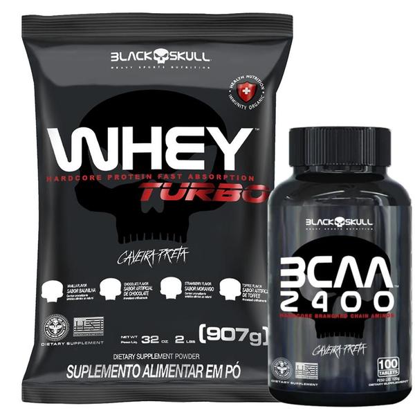 Imagem de Whey Protein Turbo 907g + Bcaa 2400mg 100 Caps Black Skull