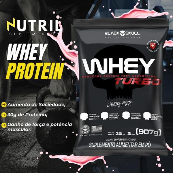 Imagem de Whey Protein TURBO Concentrado + Pré-treino Bope + Coqueteleira 600ml - Kit Black Skull - Ganho de Massa Muscular - Energia