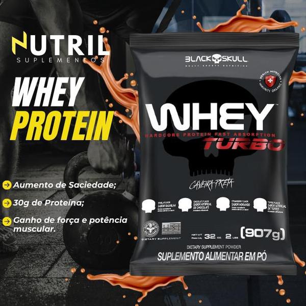 Imagem de Whey Protein TURBO Concentrado + Pré-treino Bope + Coqueteleira 600ml - Kit Black Skull - Ganho de Massa Muscular - Energia