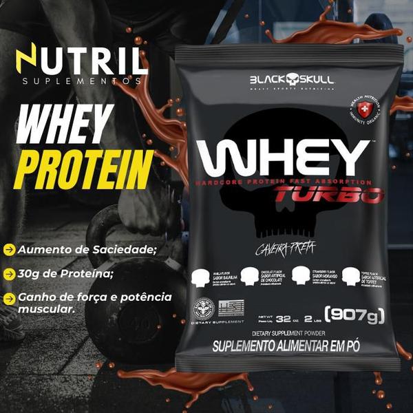 Imagem de Whey Protein TURBO Concentrado + Termogênico Thermo Flame 120 Tabletes + Coqueteleira - Kit Black Skull Cafeína - Ganho de muscular - Shakeira