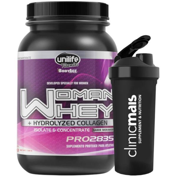 Imagem de WHEY PROTEIN WOMAN Mulher 900g Isolado  com Colágeno Sabor Morango + Coqueteleira