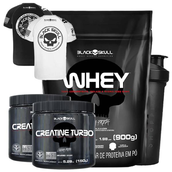 Imagem de Whey Refil 900g + 2x Creatina Turbo + 2 Camisetas Bope Branco Exg + Coqueteleira - Black Skull (baunilha)