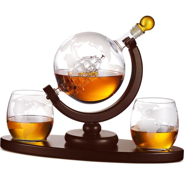 Imagem de Whiskey Decanter Globe Set com 2 Copos de Whisky Gravados - para Licor Scotch Bourbon Vodka, Presentes Para Homens - 850ml