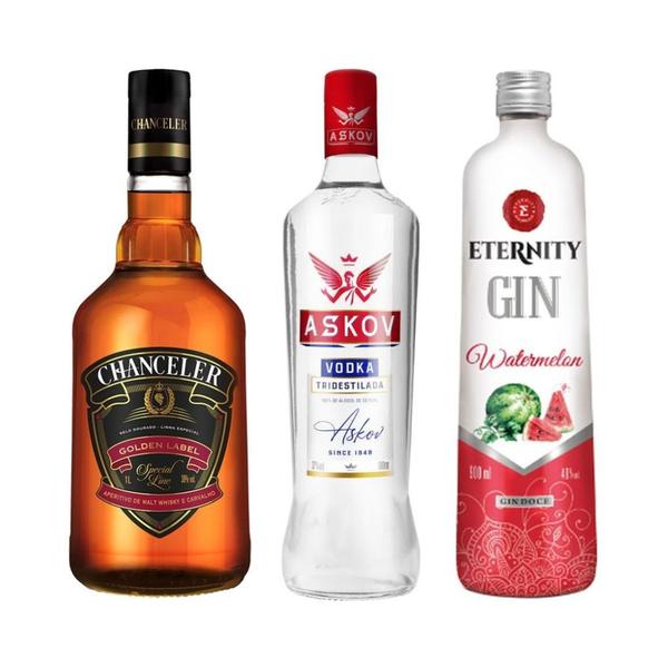 Imagem de Whisky Chanceler 1L + Vodka Askov 900ml + Gin Eternity 900ml