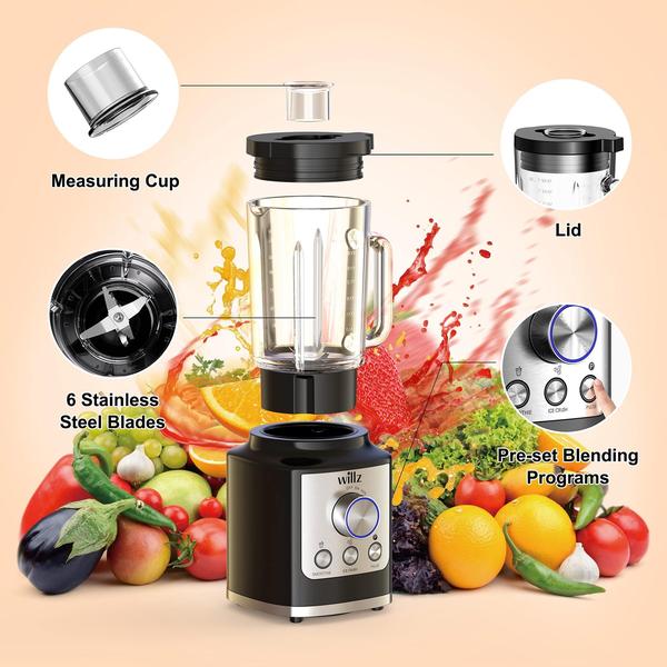 Imagem de Willz High Speed Kitchen Countertop Blender para Sucos, Shakes, Smoothies - Ice Crush & Pulse Functions, 60oz, Preto