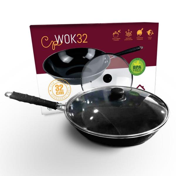 Imagem de Wok 5L Antiaderente Preto Indução Gás Tampa Vidro