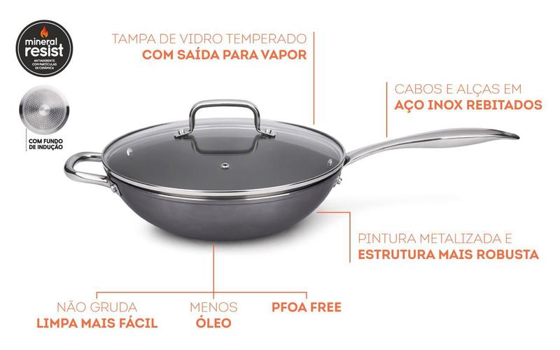 Imagem de Wok Com Fundo De Indução Ceramic Life Brinox Unique 3 Litros Ø 28 cm Cinza