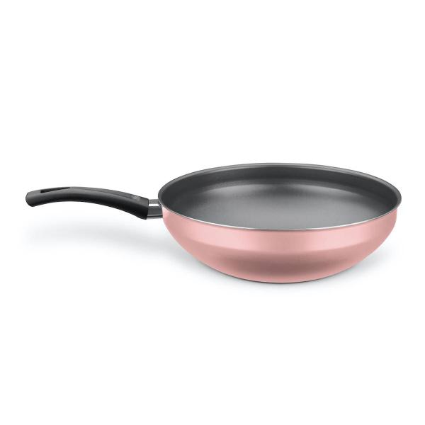 Imagem de Wok Flora Cor Rose Aluminio Antiaderente Sem Tampa Com Cabo 4,3 Litros  - Acompanha Espatula