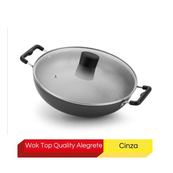 Imagem de Wok Grande Antiaderente 30Cm Cinza Com Tampa De Vidro