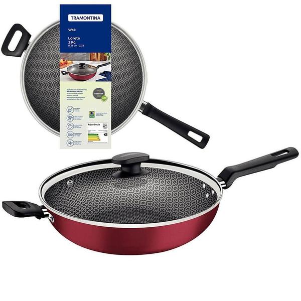 Imagem de Wok Tramontina Loreto em Alumínio Antiaderente Starflon Max com Tampa de Vidro Vermelho 28 cm 3,3 L