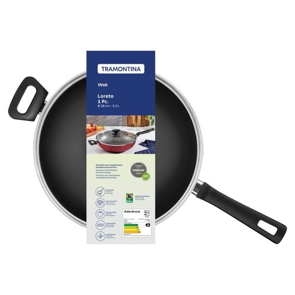 Imagem de Wok Tramontina Loreto em Alumínio com Revestimento Interno Antiaderente Starflon Max com Tampa de Vidro 28 cm 3,3 L