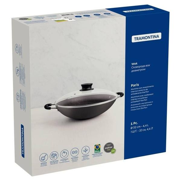 Imagem de Wok tramontina paris em alumínio com revestimento interno e externo em antiaderente starflon max chumbo com tampa de vidro 32 cm 4.4 l