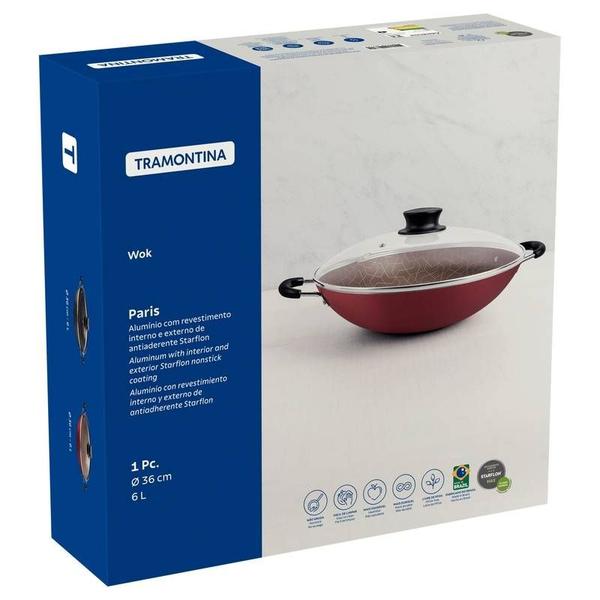 Imagem de Wok tramontina paris em alumínio com revestimento interno e externo em antiaderente starflon max vermelho com tampa de vidro 36 cm 6,0 l