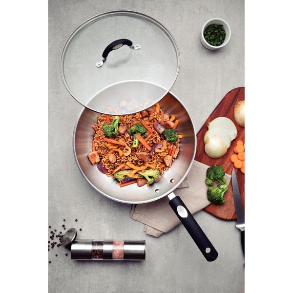 Imagem de Wok Tramontina Solar Silicone em Aço Inox com Fundo Triplo e Tampa de Vidro 28 cm 3,3 L