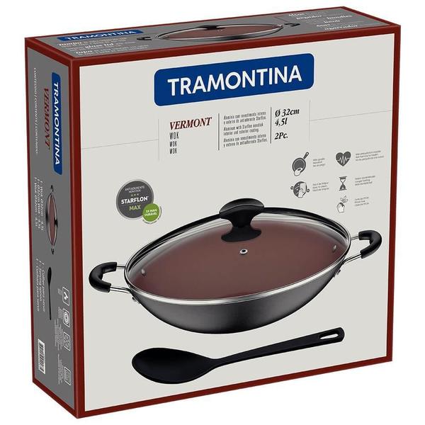 Imagem de Wok Tramontina Vermont Alumínio com Antiad. Cobre Starflon Max 32 cm 4,5 L Grafite + Colher 27806027