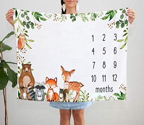 Imagem de Woodland Baby Monthly Milestone Blanket, Woodland Animals Baby Growth Chart Monthly Blanket, Watch Me Grow Baby Woodland Forest Nursery for New Moms Baby Shower, inclui marcador (50"x40")