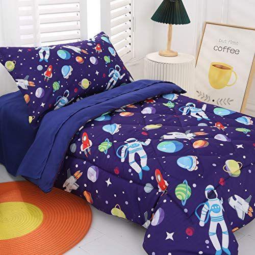 Imagem de Wowelife 4 Piece Astronauta Toddler Bedding Set Blue Toddler Bed Sets para Crianças (Planeta Azul)