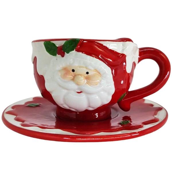 Imagem de Xícara Com Pires Natal Decorativo Papai Noel Cerâmica 300ml