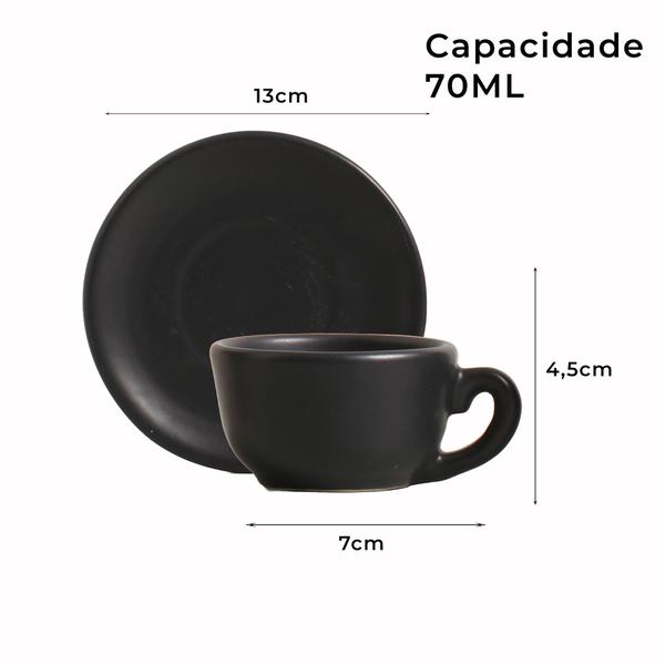 Imagem de Xícara De Café Cerâmica Preto Matte Fosco Premium 70ml Com Pires 01 Unidade