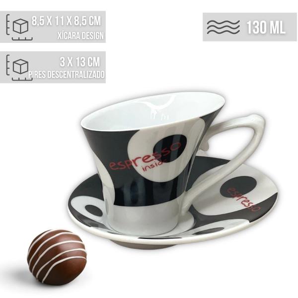 Imagem de Xícara de Café Expresso Chá Leite 130 ml Extra Fina com Pires Descentralizado Espresso Inside - BOLAS PRETO BRANCA