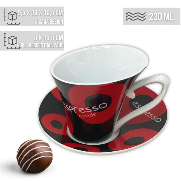 Imagem de Xícara de Café Expresso Chá Leite 230 ml Extra Fina com Pires Descentralizado Espresso Inside - BOLAS PRETO VERMELHO