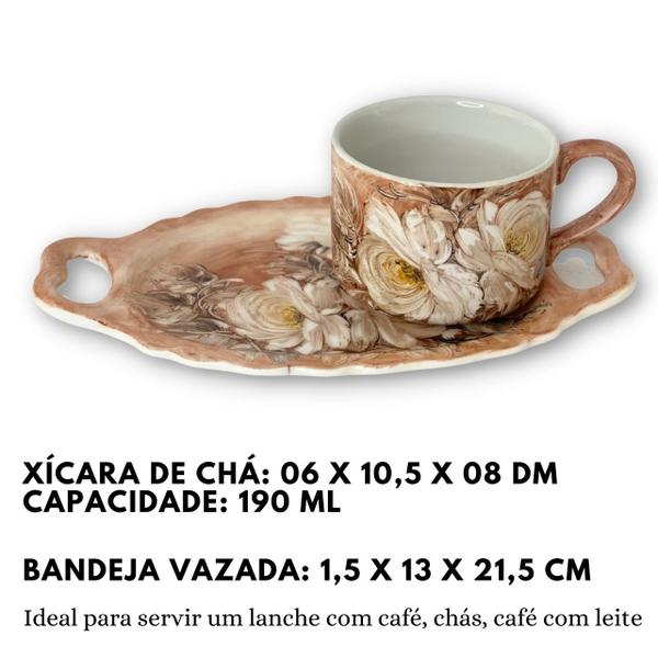 Imagem de Xícara de Chá Café com Leite 190 ml com Bandeja de Lanche - ROSAS BRANCAS/CHOCOLATE