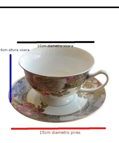 Imagem de Xícara De Chá Porcelana com Pires Desenho Floral  Fio Dourado 200ml Luxo - Wincy