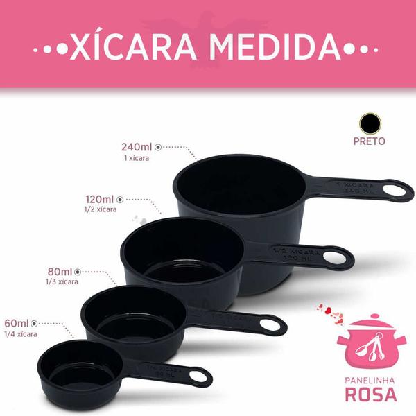 Imagem de Xicara Medida 4 (Quatro) Peças Colher de Chá e Sopa Cor Preta Polipropileno Panelinha Rosa