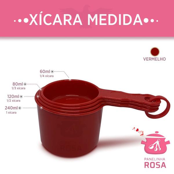 Imagem de Xicara Medida 4 (Quatro) Peças Colher de Chá e Sopa Cor Vermelho Polipropileno Panelinha Rosa