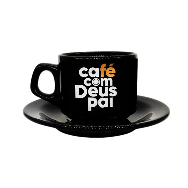 Xícara Preta Pires Café Com Deus Pai Porções Diárias De Paz - VilelaGG Imagem de Xícara Preta Pires Café Com Deus Pai Porções Diárias De Paz