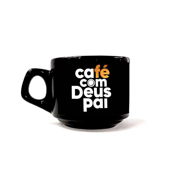 Xícara Preta Pires Café Com Deus Pai Porções Diárias De Paz - VilelaGG Imagem de Xícara Preta Pires Café Com Deus Pai Porções Diárias De Paz