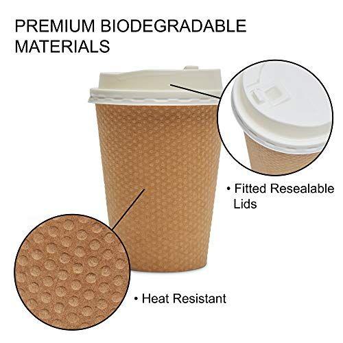 Imagem de Xícaras de café biodegradáveis GeeOnyx de 12 onças - Pacote com 100 - Tampa resselável - Reutilizável - Marrom sobre branco - Seguro para alimentos - Parede com isolamento duplo - Copo de papel orgânico pesado - Casa/escritório/viagem - Ecológico