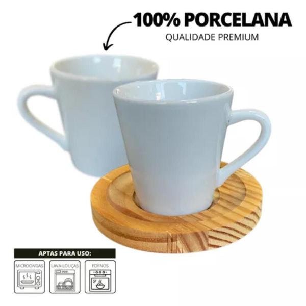 Imagem de xicaras Porcelana Branca com Pires de Madeira Kit 12 Peças  Tamanho Perfeito