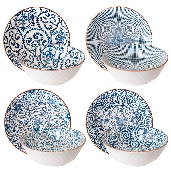 Imagem de YALONG 8 polegadas 40 onças tigelas de cerâmica para cozinha Deep Soup Pho Bowls, Blue White Large Porcelain Salad Bowls Set for Ramen Pasta Cereal Dessert empilhável Deep Noodle Servindo Bowls Set of 4 para presente