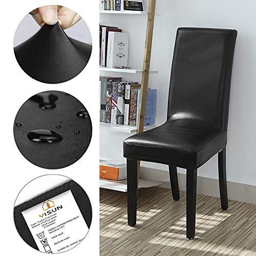 Imagem de YISUN Dining Chair Covers, Solid Pu Leather impermeável e oilproof Stretch Dining Chair Protector Cover Slipcover (preto, 4 conjuntos)